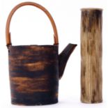 Studio Pottery pot and cover with bamboo handle, together with a cylindrical Studio Pottery vase, (