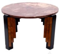 Art Deco coffee table with circular marble top supported by an ebonised and walnut stand, 46cm high