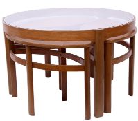 Circa 1970s round glass topped coffee table with three side nest tables under, for Nathan Furniture