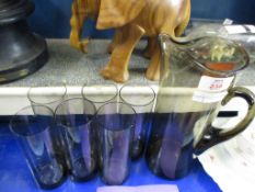 1970S SMOKED GLASS WATER SET WITH SIX TUMBLERS AND A JUG