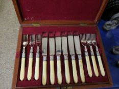 MAHOGANY CASED SET OF BONE HANDLED FISH KNIVES AND FORKS