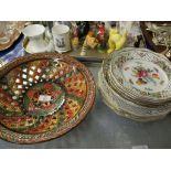 TRAY CONTAINING PIERCED TERRACOTTA BOWL, CONTINENTAL PAINTED AND RIBBON EDGED PLATES