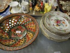 TRAY CONTAINING PIERCED TERRACOTTA BOWL, CONTINENTAL PAINTED AND RIBBON EDGED PLATES