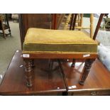 GOOD QUALITY VICTORIAN MAHOGANY FRAMED FOOT STOOL WITH RING TURNED LEGS WITH YELLOW VELVET
