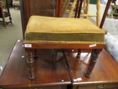 GOOD QUALITY VICTORIAN MAHOGANY FRAMED FOOT STOOL WITH RING TURNED LEGS WITH YELLOW VELVET