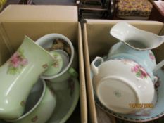 TWO BOXES OF BURSLEY LTD CROWN POTTERY FIVE PIECE WASH JUG AND BOWL SET TOGETHER WITH A GREEN AND