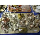 TRAY CONTAINING BRASS INKWELL, BLOTTER, SILVER PLATED CANDLESTICKS, NAPKIN RINGS ETC