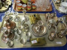 TRAY CONTAINING BRASS INKWELL, BLOTTER, SILVER PLATED CANDLESTICKS, NAPKIN RINGS ETC