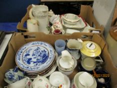 TWO BOXES CONTAINING TEA WARES, CHINA WARES, DAMAGED DELFT PLATES