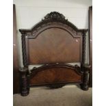 GOOD QUALITY STAINED BEECHWOOD FRAMED DOUBLE BED WITH HEAVILY CARVED SHELL TOP AND SWAG DECORATION