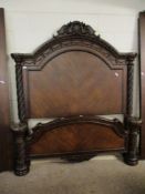 GOOD QUALITY STAINED BEECHWOOD FRAMED DOUBLE BED WITH HEAVILY CARVED SHELL TOP AND SWAG DECORATION