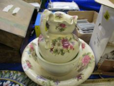 VICTORIAN FLORAL WASH JUG AND BOWL AND A FURTHER CHAMBER POT