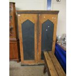 VICTORIAN PINE DOUBLE DOOR CUPBOARD WITH GREEN PAINTED PANELS (A/F)