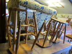 SET OF FIVE EARLY 20TH CENTURY ELM TOP AND BEECHWOOD BASE STOOLS