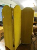 YELLOW VELVET COVERED THREE-FOLD TABLE SCREEN