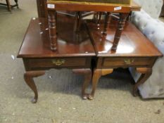 PAIR OF CHERRY WOOD SINGLE DRAWER BEDSIDE TABLES RAISED ON PAD FEET WITH BRASS SWAN NECK HANDLES