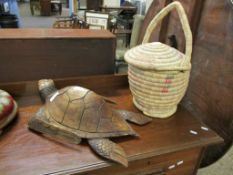 EASTERN HARDWOOD CARVED MODEL OF A TURTLE AND A WICKER BASKET