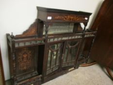 ROSEWOOD AND SATINWOOD INLAID WALL MIRROR FITTED CENTRALLY WITH TWO GLAZED DOORS FLANKED EITHER SIDE