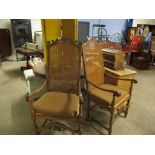 PAIR OF BEECHWOOD FRAMED CANE BACK ARMCHAIRS WITH CARVED DETAIL