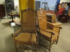 PAIR OF BEECHWOOD FRAMED CANE BACK ARMCHAIRS WITH CARVED DETAIL