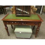 VICTORIAN MAHOGANY DESK WITH GREEN LEATHER AND TOOLED INSERT WITH TWO DRAWERS WITH FLUTED AND TURNED