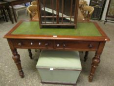 VICTORIAN MAHOGANY DESK WITH GREEN LEATHER AND TOOLED INSERT WITH TWO DRAWERS WITH FLUTED AND TURNED