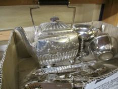 VICTORIAN SILVER PLATED KETTLE, FISH KNIVES AND FORKS, GOBLET ETC