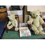 TWO BEECHWOOD FRAMED DOLLS CHAIRS CONTAINING TWO TEDDY BEARS ETC
