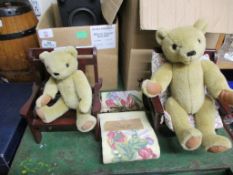 TWO BEECHWOOD FRAMED DOLLS CHAIRS CONTAINING TWO TEDDY BEARS ETC