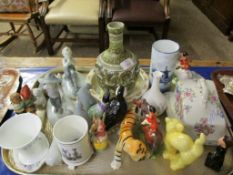 TRAY CONTAINING ORNAMENTS, BABY FEEDING BOWL, DENBY VASE, JOHN BESWICK FIGURES ETC