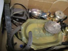 BOX CONTAINING INDIAN PRESSED BRASS TWO-HANDLED TRAY, TABLE BELL, SILVER PLATED HOT WATER JUG ETC