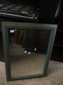 GREEN FRAMED RECTANGULAR WALL MIRROR WITH BEVELLED GLASS