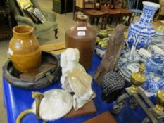 STONEWARE FLAGON, ORIENTAL BOWL, MOULDING PLANE, EASTERN MODEL OF A HEAD AND TWO FIRE DOGS