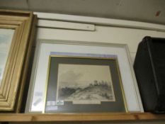 WHITE FRAMED PRINT, AND A VICTORIAN ETCHING "THE AVON AND SEVERN FROM PENHOLE POINT"