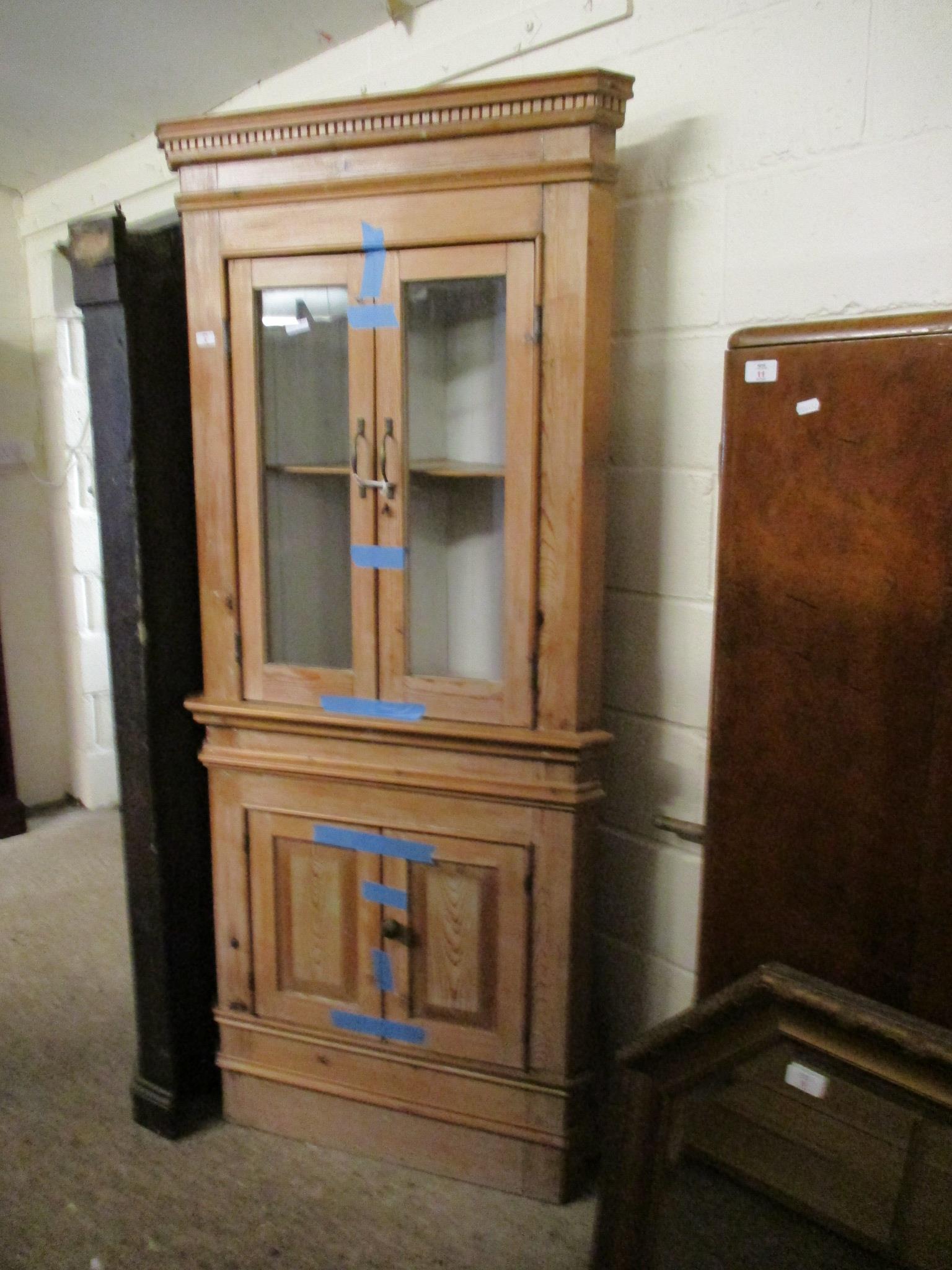 VICTORIAN PITCH PINE FLOOR STANDING CORNER CUPBOARD WITH TWO GLAZED DOORS OVER TWO PANELLED CUPBOARD