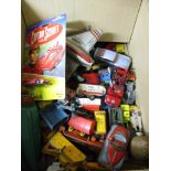 BOX CONTAINING MIXED USED DIE-CAST TOY VEHICLES, CAPTAIN SCARLETT BOXED CAR ETC