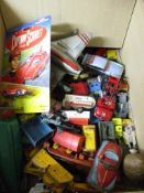BOX CONTAINING MIXED USED DIE-CAST TOY VEHICLES, CAPTAIN SCARLETT BOXED CAR ETC