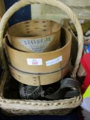 TWO VINTAGE SMALL SIEVES, VINTAGE KITCHEN WARES, BUTTER PATS, WICKER BASKET ETC