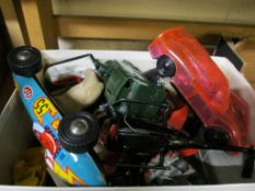 BOX CONTAINING TIN PLATE VEHICLES, FARM ANIMALS ETC