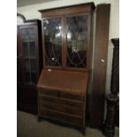 EDWARDIAN MAHOGANY BUREAU BOOKCASE WITH TWO ASTRAGAL GLAZED DOORS OVER DROP FRONT WITH TWO DRAWERS