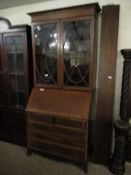 EDWARDIAN MAHOGANY BUREAU BOOKCASE WITH TWO ASTRAGAL GLAZED DOORS OVER DROP FRONT WITH TWO DRAWERS