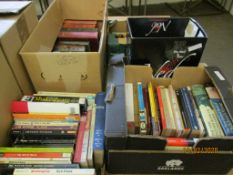 FIVE BOXES OF BOOKS TO INCLUDE SOME DECORATIVE BINDINGS