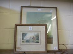 WATERCOLOUR OF A LOCH AND A FRAMED PRINT ENTITLED "SUNRISE IN IRELAND" (2)