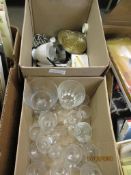 TWO BOXES OF MIXED GLASS WARES, KITCHEN WARES ETC