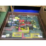 WALL MOUNTED CASE CONTAINING USED DIE-CAST TOY VEHICLES, MATCHBOX VEHICLES ETC