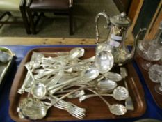 TRAY CONTAINING SILVER PLATED FLAT WARES, LADLES, TEA POT ETC