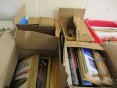 FOUR BOXES OF BOOKS TO INCLUDE NATIONAL GEOGRAPHIC MAGAZINES ETC