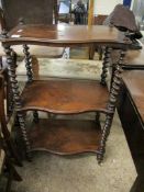 19TH CENTURY WALNUT SERPENTINE THREE TIER WHATNOT ON BARLEY TWIST SUPPORTS