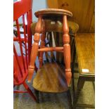 19TH CENTURY ELM HARD SEATED KITCHEN CHAIR TOGETHER WITH A FURTHER CORAL PAINTED CIRCULAR TOP