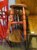 19TH CENTURY ELM HARD SEATED KITCHEN CHAIR TOGETHER WITH A FURTHER CORAL PAINTED CIRCULAR TOP